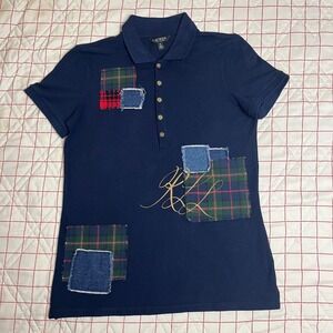Lauren Ralph Lauren Navy Blue Polo Shirt Size Med Patchwork Denim RL Monogram